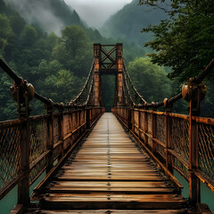 Fototapeta premium A bridge that starts with a modern, sleek design on one end, gradually transitioning to a more traditional, rustic style on the other end, blending two architectural styles.