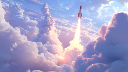 A cartoon illustration of a rocket ship mid-takeoff, ascending into the sky with vibrant flames and clouds.

