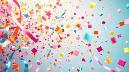 A Celebration of Colorful Confetti and Ribbons Falling on a Light Blue Background