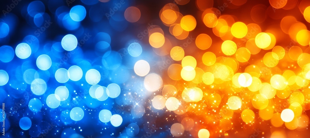 Poster blue and orange bokeh lights abstract background, modern design element with molecular structure