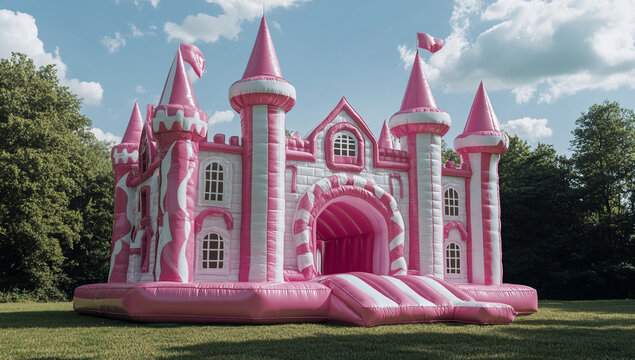 A pink and white bouncy castle on green grass, an English country house with brick walls under a blue sky in the background.