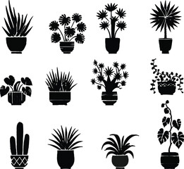 vector flower leaf plants with pot illustrated black silhouette