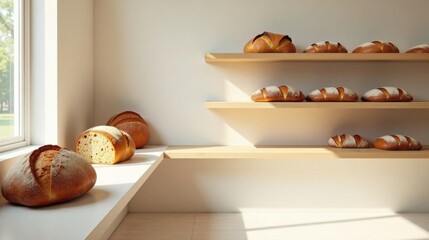 Sunlit Bakery Display with Artisan Breads on Wooden Shelves