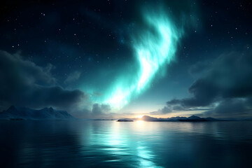 Naklejka premium Vibrant aurora borealis over tranquil arctic seascape at sunset.