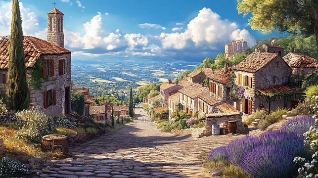 Picturesque European village street scene,  cobblestone road ascends a hill, with terraced houses, lavender, and a view of rolling hills.