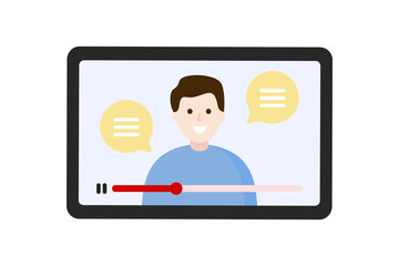 Talking man character online video on mobile phone screen. Technology, media, streaming, internet, social concepts. Flat vector design isolated illustration.