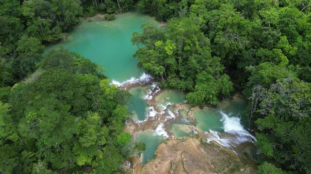 Aerial drone overview of Cascadas Roberto Barrios featuring waterfalls and turquoise pools, static