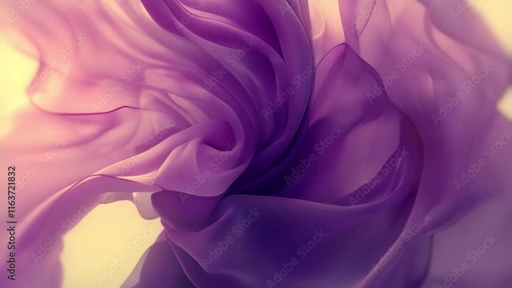 Poster Three-dimensional abstract animation with soft, wavy shapes of translucent pink and purple fabric. Contemporary style with dynamic motion
