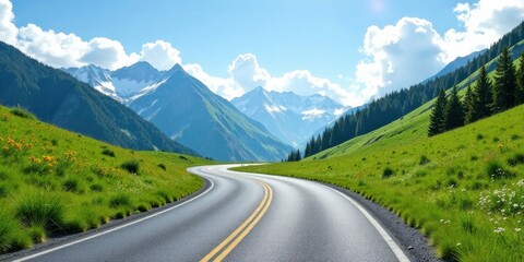 Fototapeta premium Asphalt road curves through a picturesque mountain valley, wildflowers blooming along its edges under a bright sunny sky.