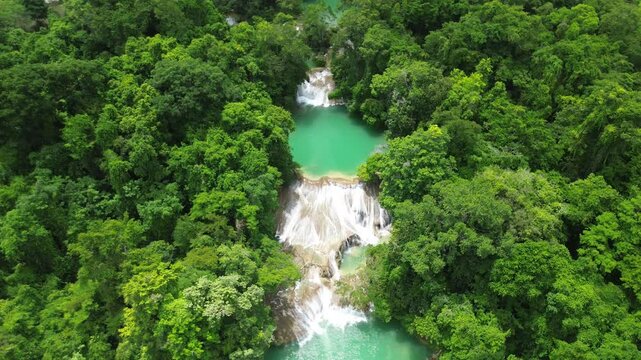 Aerial medium high angle orbit of Roberto Barrios waterfalls flowing through lush forest and turquoise pools