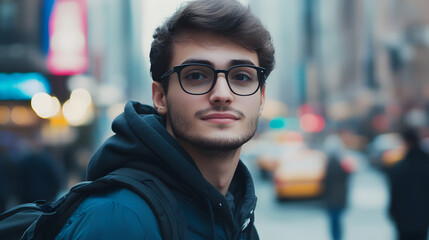 Fototapeta premium A portrait of a young man wearing eyeglasses, standing on the street, showcasing a relaxed and thoughtful expression.