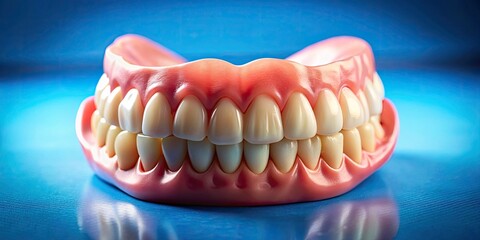 Obraz premium Close-Up of Complete Denture on Blue Background â€“ Dental Care, Oral Health, Prosthetics, and Aesthetic Dentistry