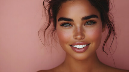 Naklejka premium Portrait of a woman showcasing skincare and beauty cosmetics, with space for text.
