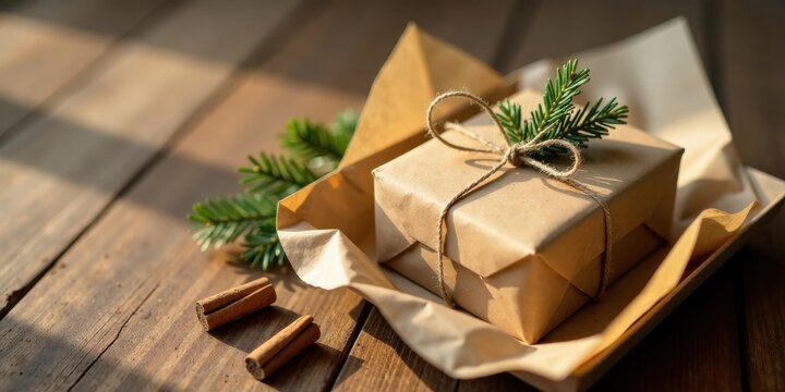 A rustic, eco-friendly gift package tied with twine, adorned with a sprig of evergreen and resting on a wooden surface