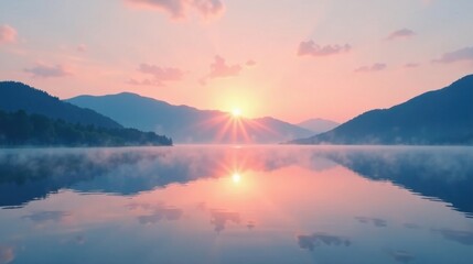 Obraz premium Serene Sunrise Over Misty Mountain Lake with Peaceful Reflection