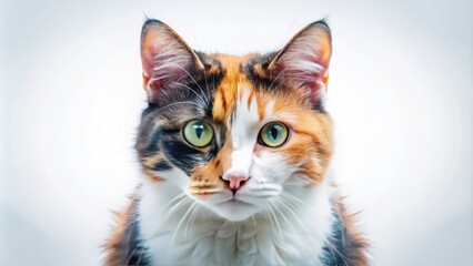 Fototapeta premium Double Exposure Portrait of a Calico Cat Gazing at Camera on White Background, Artistic Photography, Pet Lover's Delight, Feline Beauty, Captivating Cat Imagery