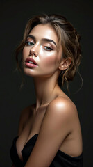 Naklejka premium Close up portrait of woman with styled hair and subtle makeup exuding elegance and sophistication