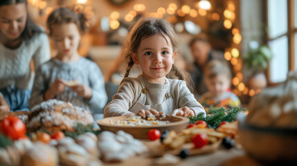 A cheerful young girl proudly places decorated cookies on a table surrounded by family. The cozy setting is filled with holiday lights and treats - Generative AI