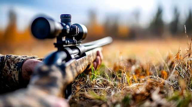 Hunter aiming rifle with scope in autumn field.