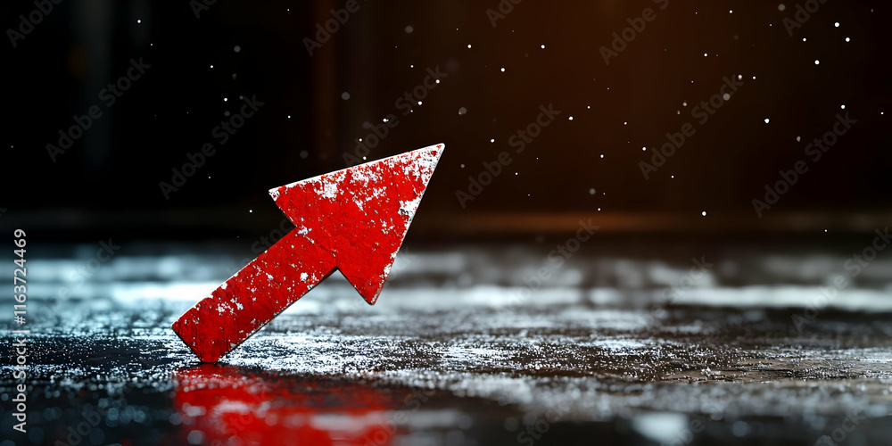 Poster red arrow pointing upward on a dark, textured surface with falling particles.