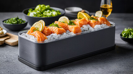 Fresh salmon fillets on ice garnished with lemon slices, surrounded by green herbs in a modern presentation.
