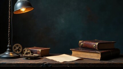 A dimly lit antique desk with aged leather-bound books, a vintage desk lamp, and intricate brass gears rests on a dark wooden surface.