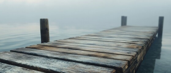 Obraz premium Misty morning view of a wooden pier extending over calm lake water.