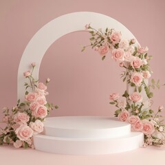 Pink Roses and White Pedestal: Elegant product display with two-tiered white pedestal adorned by delicate pink roses and lush green foliage, creating a charming and romantic backdrop.  