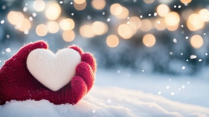Fototapeta premium Woman wearing pink gloves holding a heart made of snow during winter season, with snowfall and sunset light in the background
