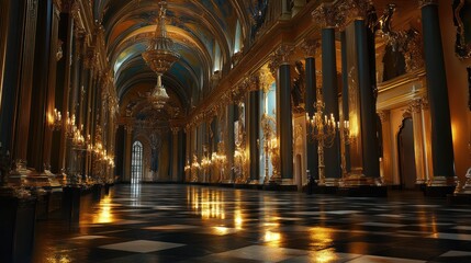 Obraz premium Grand opulent palace hall with gold details, chandeliers, and marble floor.