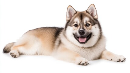 Fototapeta premium Cute puppy lying down and panting on a white background, perfect for pet or animal themes