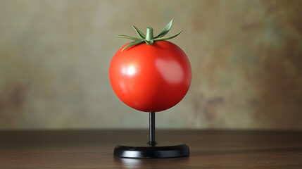 A plastic tomato model is displayed on a stand in the photograph