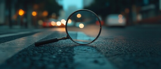 Magnifying glass on asphalt road at night, city lights blurred in background.