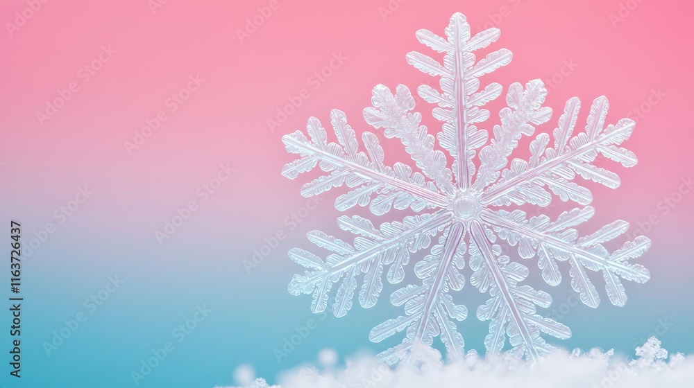 Poster snowflake abstract background concept. delicate snowflake resting on soft snow, showcasing winter's 