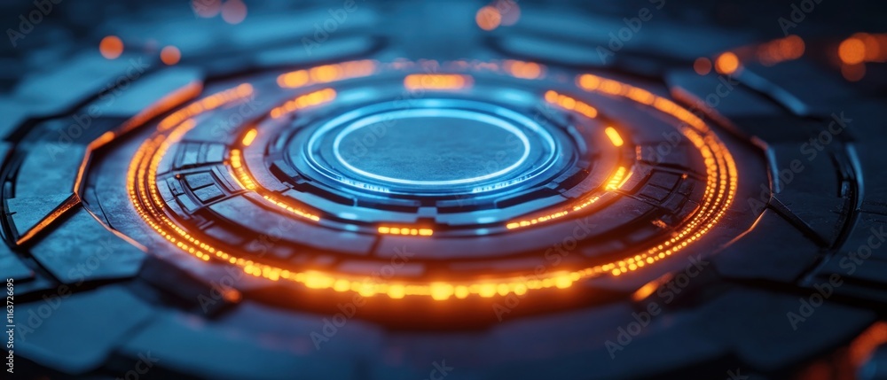 Poster futuristic glowing circular tech interface.