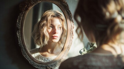 Woman looking at her reflection in an antique oval mirror.