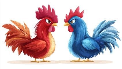 A red and blue rooster, vector illustration style, cartoon character, game character design illustration, white background