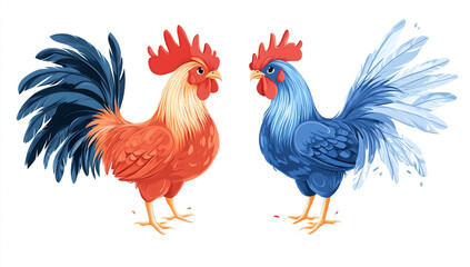 Fototapeta premium A red and blue rooster, vector illustration style, cartoon character, game character design illustration, white background