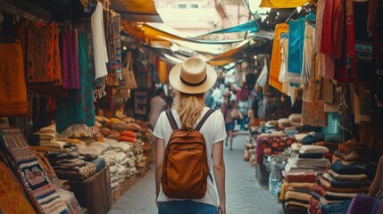 Obraz premium Woman tourist with backpack walks through vibrant marketplace.