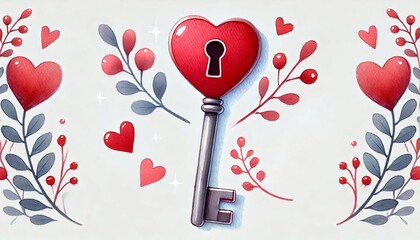Minimalist watercolor illustration of Cute Red Heart Key