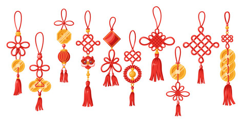 Traditional Chinese knots with tassels flat color vector objects set. Decorative talismans for luck illustrations bundle on white background