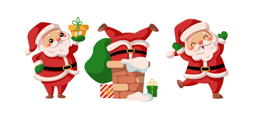 Cute Santa Clauses in funny situations flat color vector icon set. Christmas characters dancing stuck in chimney with gift pack on white