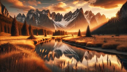 A stunning landscape scene of towering snow-capped mountains during a golden sunset