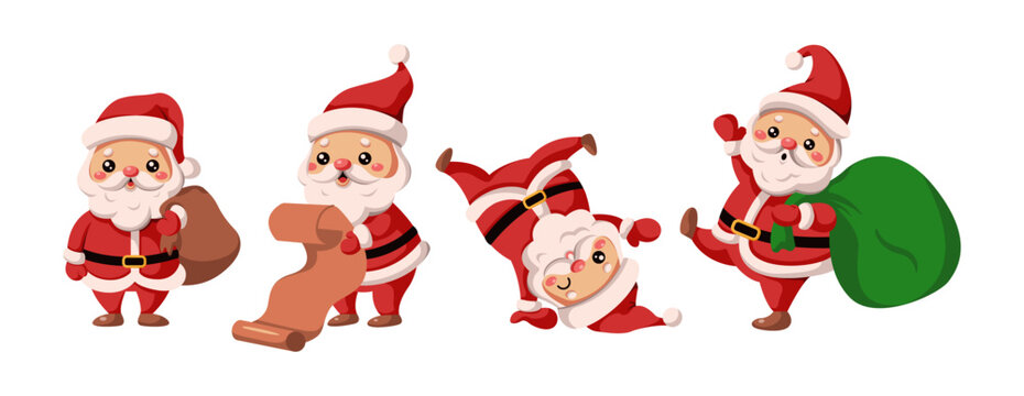 Naklejki Funny Santa Clauses for merry Christmas flat color vector icon set. Fairy characters with sacks wish list and fun pack on white background