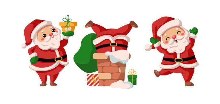 Naklejki Cute Santa Clauses in funny situations flat color vector icon set. Christmas characters dancing stuck in chimney with gift pack on white
