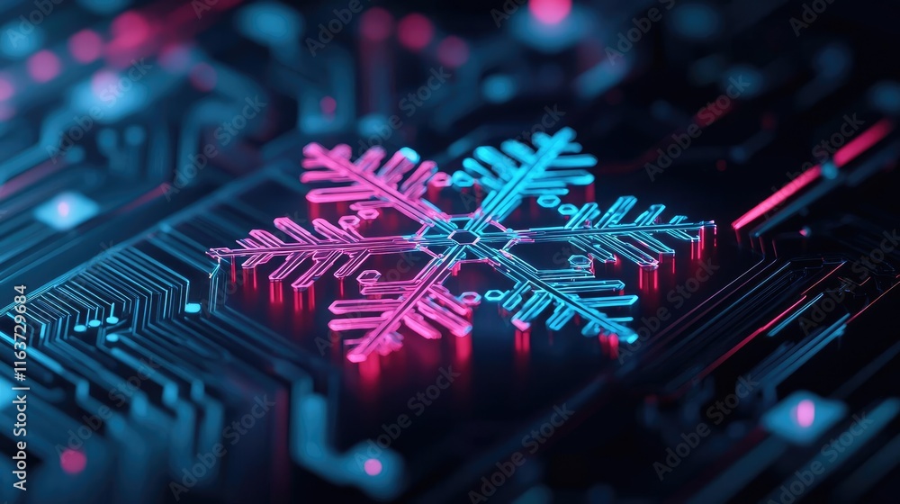 Poster snowflake abstract background concept. a digital snowflake design on a colorful circuit board backgr