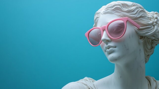 A classical statue adorned with pink sunglasses stands elegantly against a striking blue backdrop. The fusion of old and new styles creates a playful contrast that captures attention