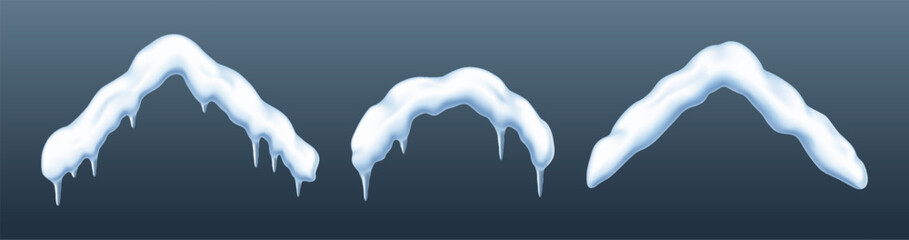 Snow caps of houses roofs realistic color icons set. Snowdrifts with icicles for Christmas 3d objects collection on grey background