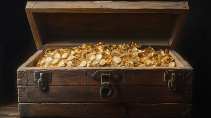 A rustic wooden treasure chest is open, revealing a large quantity of shimmering gold coins. The dark background accentuates the gleam of the coins, creating an alluring atmosphere