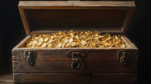 A rustic wooden treasure chest is open, revealing a large quantity of shimmering gold coins. The dark background accentuates the gleam of the coins, creating an alluring atmosphere